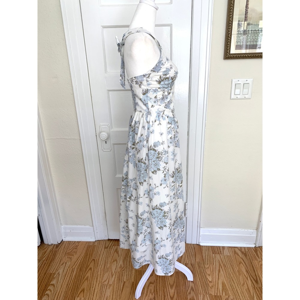 Floral Halter Sun Dress XS Coquette Blue White Sweetheart V-Waist Cottagecore - Picture 6 of 16